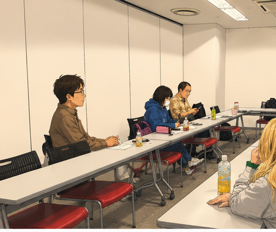 長机を囲んで対話する会議の場面（アニメ調イラスト）