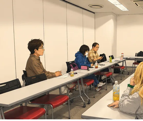 長机を囲んで対話する会議の場面（アニメ調イラスト）