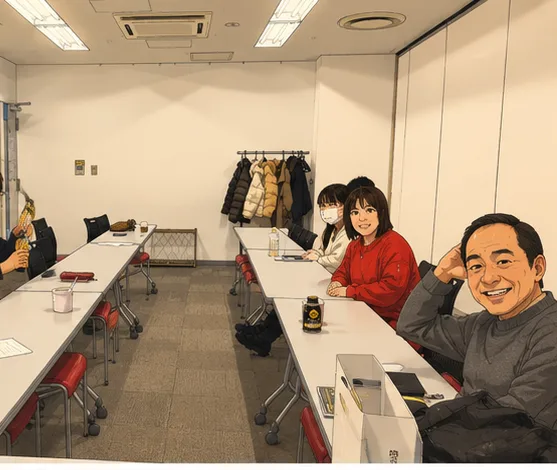 会議室で笑顔・ピースサインで集まる場面