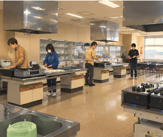 調理室で5人が並んで料理している全景