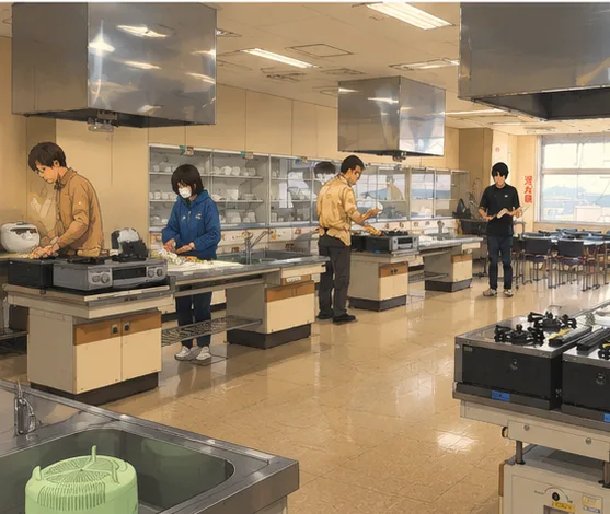 調理室で5人が並んで料理している全景
