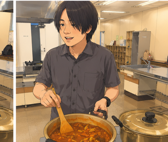 鍋を見つめる明るい表情の人物