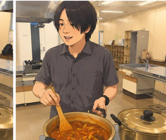 鍋を見つめる明るい表情の人物