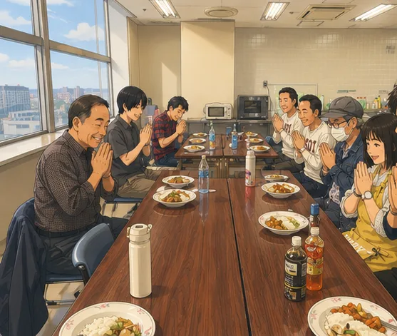 窓際の長机を囲んで皆で手を合わせて『いただきます』の場面