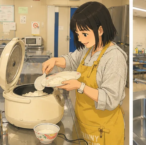 炊飯器からご飯を皿によそっている黄色エプロンの女性