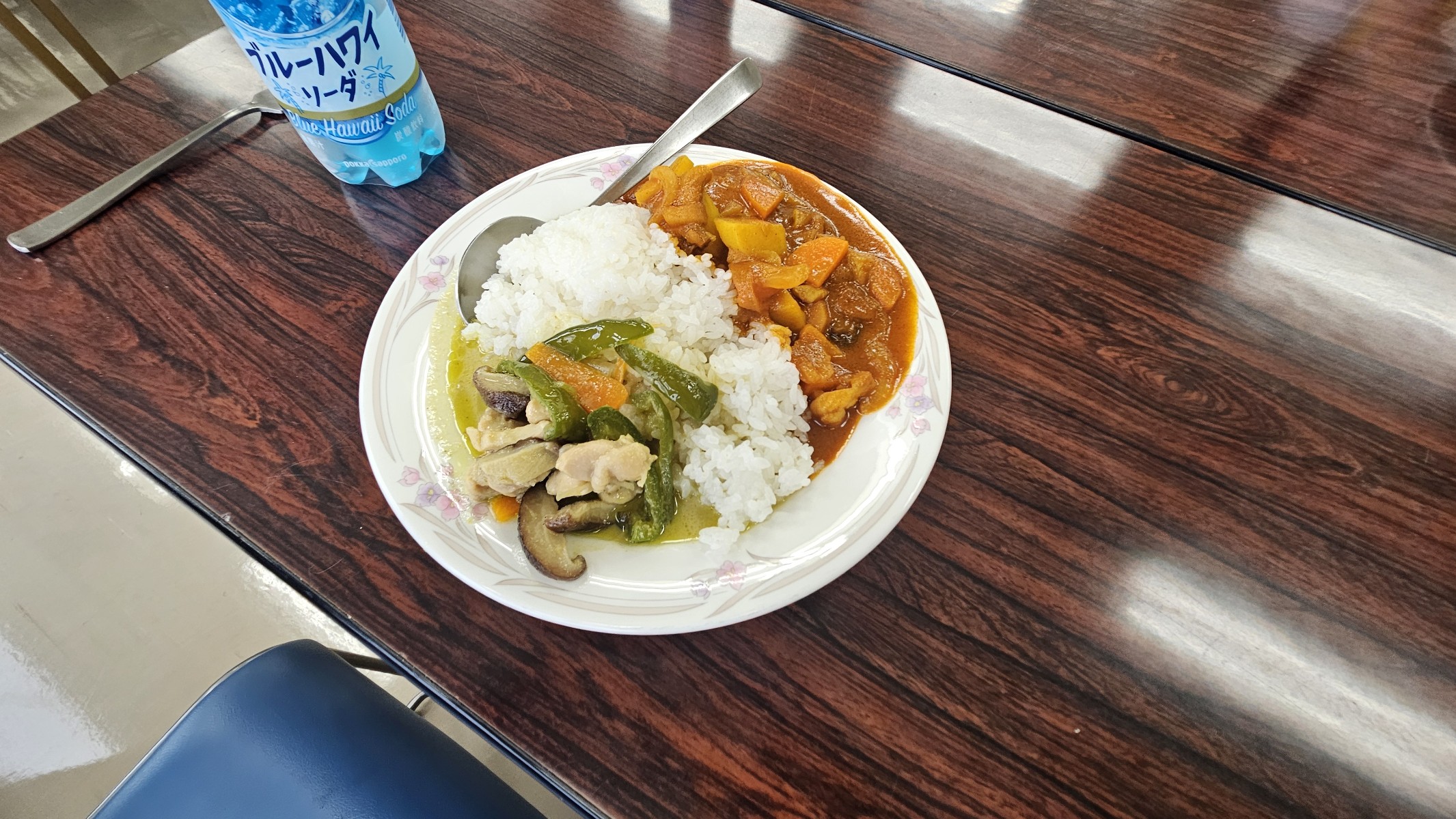 あいがけプレート。白米を挟んでグリーンカレーとスパイスカレー